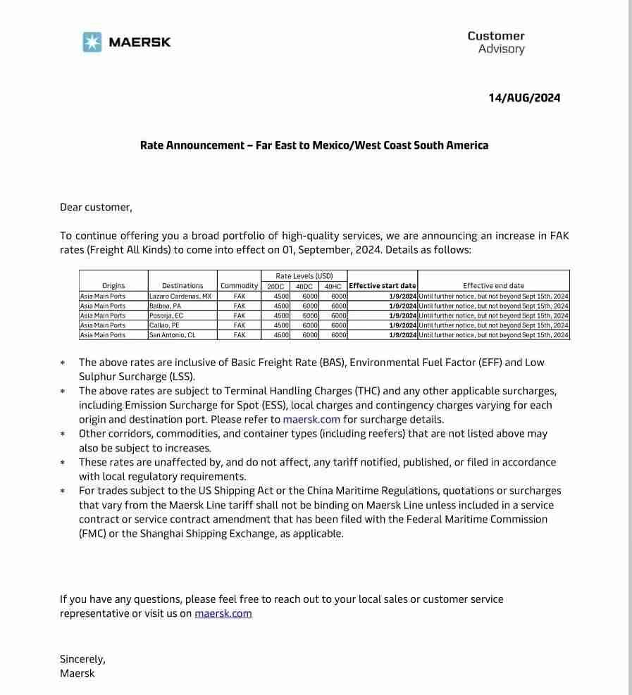 Carta oficial de MSK para informar el aumento de precios.